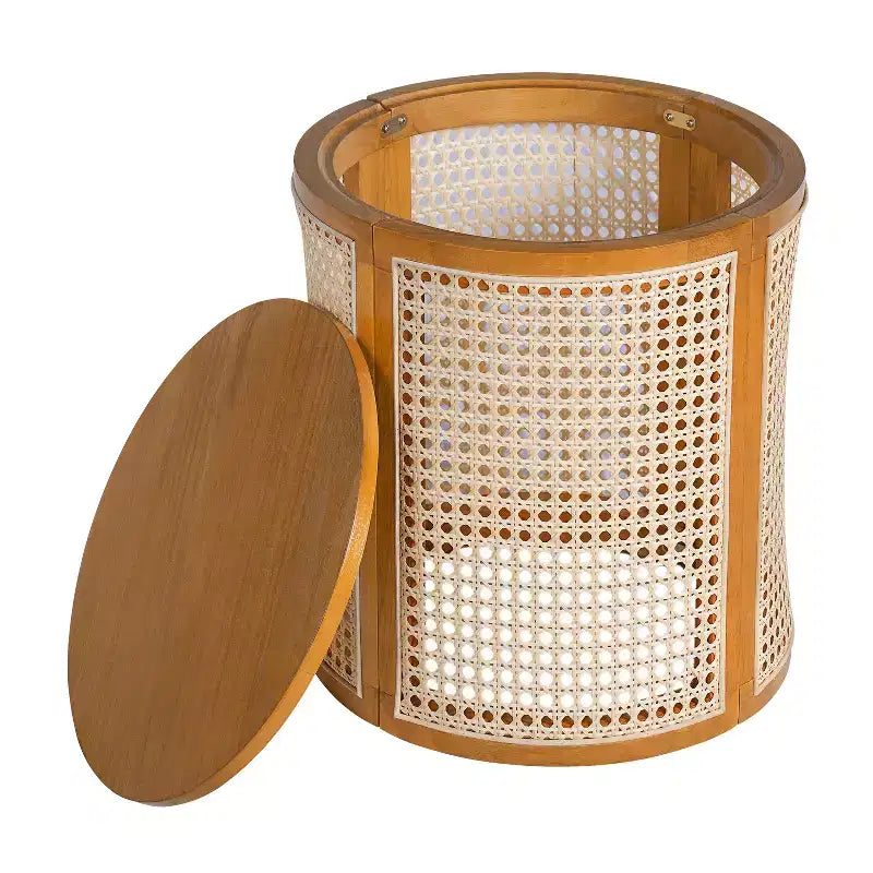 Round Rattan Side Table Rubber Solid Wood Accent Table, 15.7 End Table - ModernLuxe
