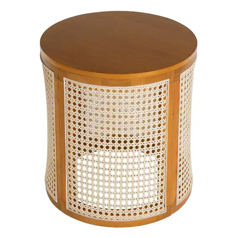 Round Rattan Side Table Rubber Solid Wood Accent Table, 15.7 End Table - ModernLuxe