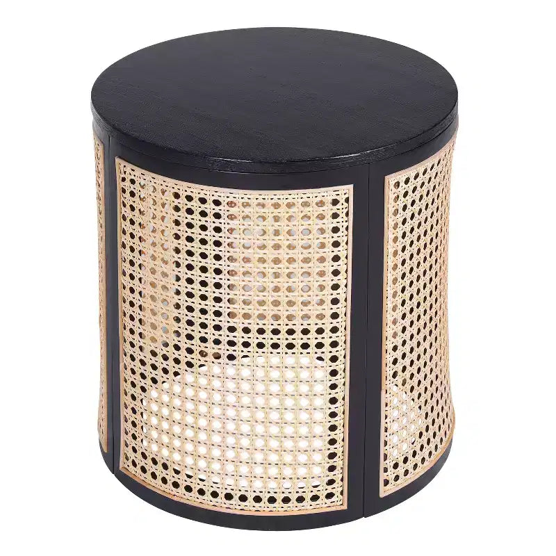 Round Rattan Side Table Rubber Solid Wood Accent Table, 15.7 End Table - ModernLuxe