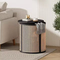 Round Rattan Side Table Rubber Solid Wood Accent Table, 15.7 End Table - ModernLuxe