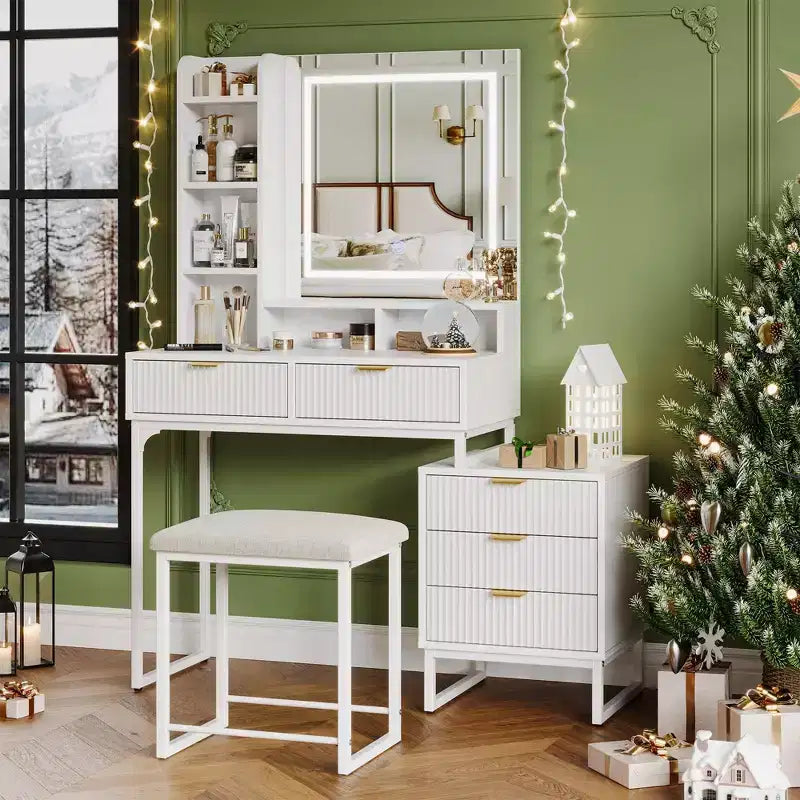 Makeup Vanity Desk with Mirror, Vanity Table Set With Cushioned Stool, Dressing Table With 5 Large Drawers, Bedroom Vanity for Women