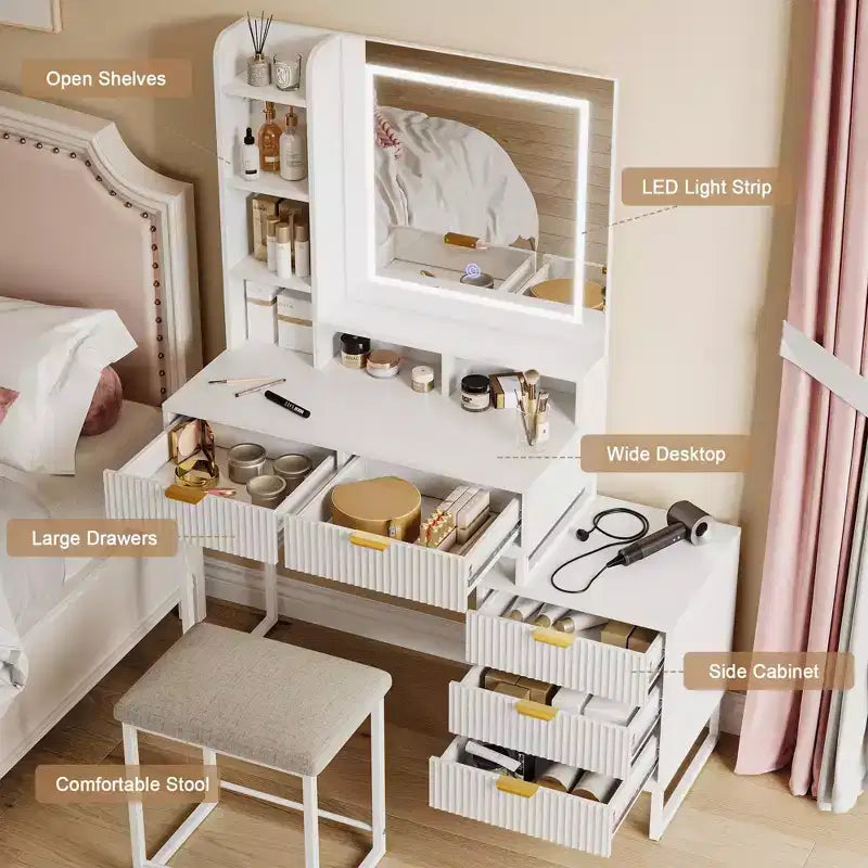 Makeup Vanity Desk with Mirror, Vanity Table Set With Cushioned Stool, Dressing Table With 5 Large Drawers, Bedroom Vanity for Women