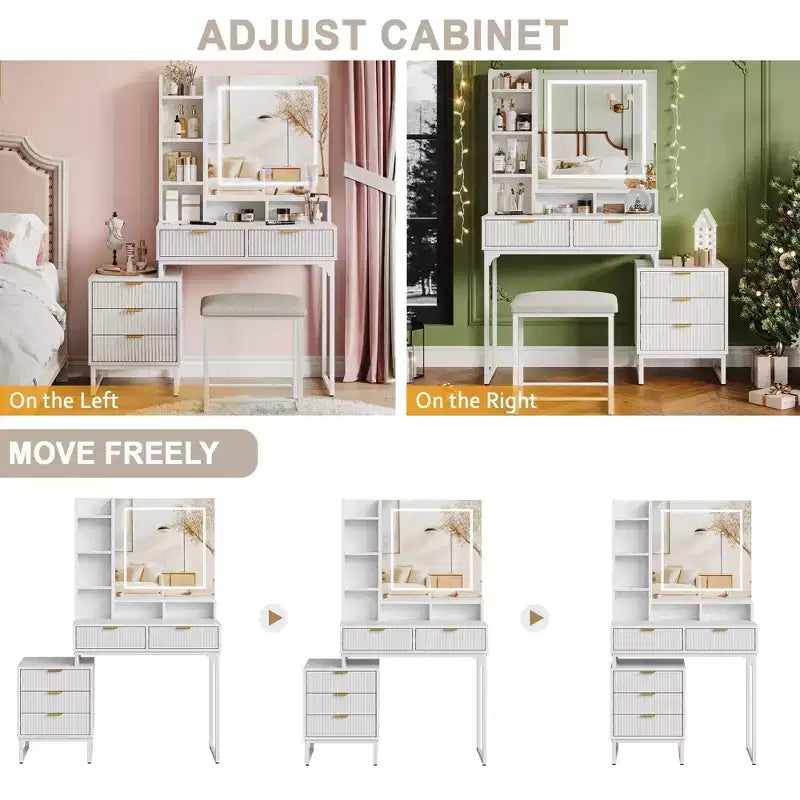 Makeup Vanity Desk with Mirror, Vanity Table Set With Cushioned Stool, Dressing Table With 5 Large Drawers, Bedroom Vanity for Women