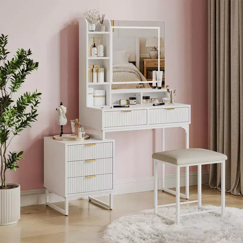 Makeup Vanity Desk with Mirror, Vanity Table Set With Cushioned Stool, Dressing Table With 5 Large Drawers, Bedroom Vanity for Women