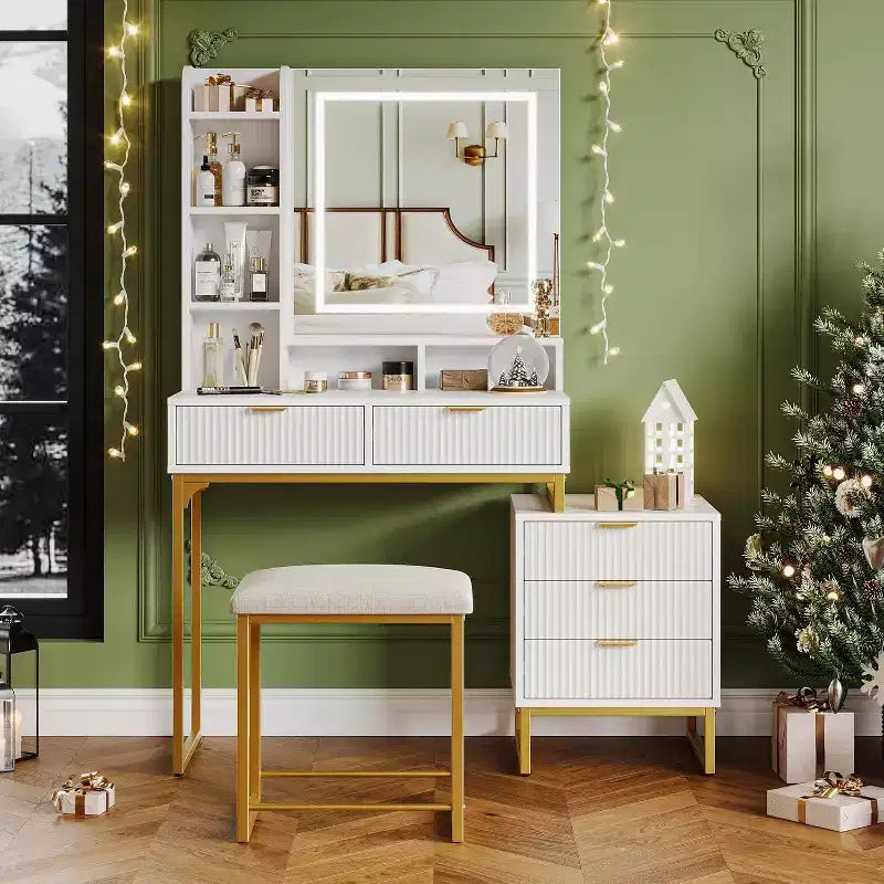 Makeup Vanity Desk with Mirror, Vanity Table Set With Cushioned Stool, Dressing Table With 5 Large Drawers, Bedroom Vanity for Women