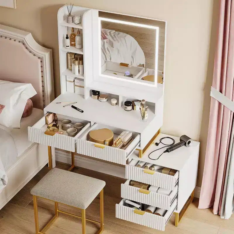 Makeup Vanity Desk with Mirror, Vanity Table Set With Cushioned Stool, Dressing Table With 5 Large Drawers, Bedroom Vanity for Women