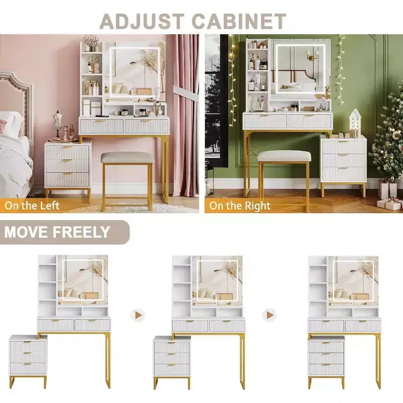 Makeup Vanity Desk with Mirror, Vanity Table Set With Cushioned Stool, Dressing Table With 5 Large Drawers, Bedroom Vanity for Women