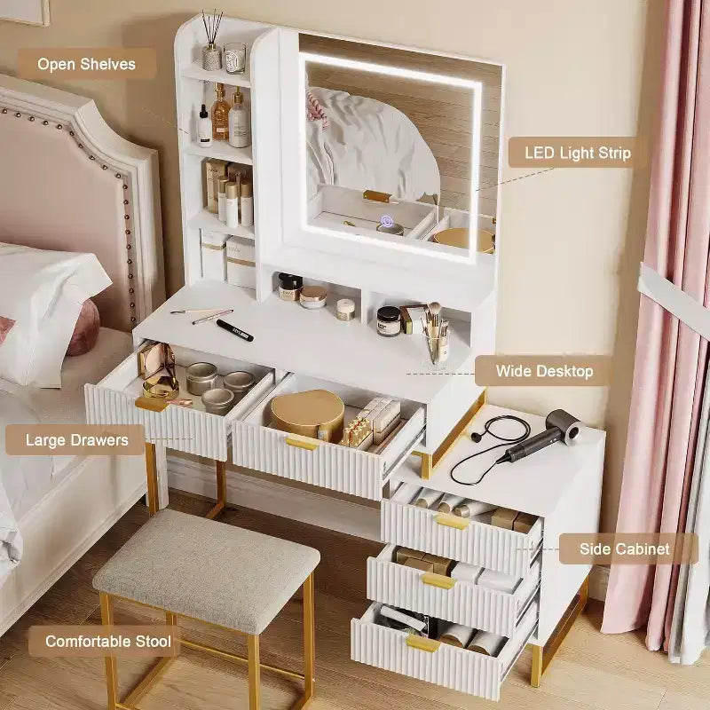 Makeup Vanity Desk with Mirror, Vanity Table Set With Cushioned Stool, Dressing Table With 5 Large Drawers, Bedroom Vanity for Women