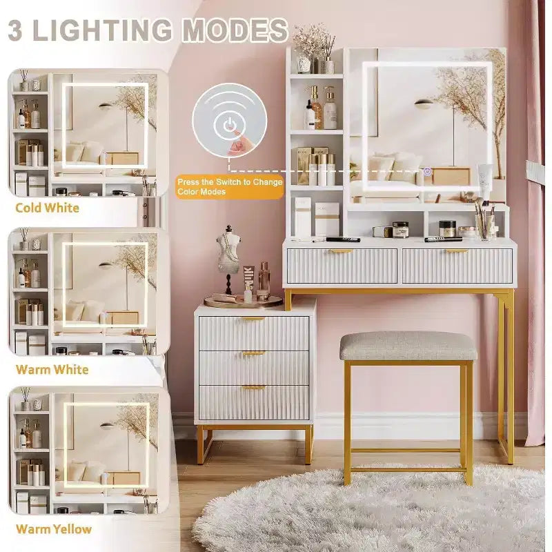 Makeup Vanity Desk with Mirror, Vanity Table Set With Cushioned Stool, Dressing Table With 5 Large Drawers, Bedroom Vanity for Women
