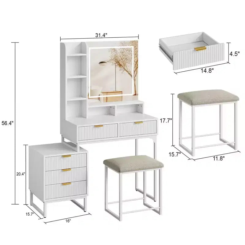Makeup Vanity Desk with Mirror, Vanity Table Set With Cushioned Stool, Dressing Table With 5 Large Drawers, Bedroom Vanity for Women