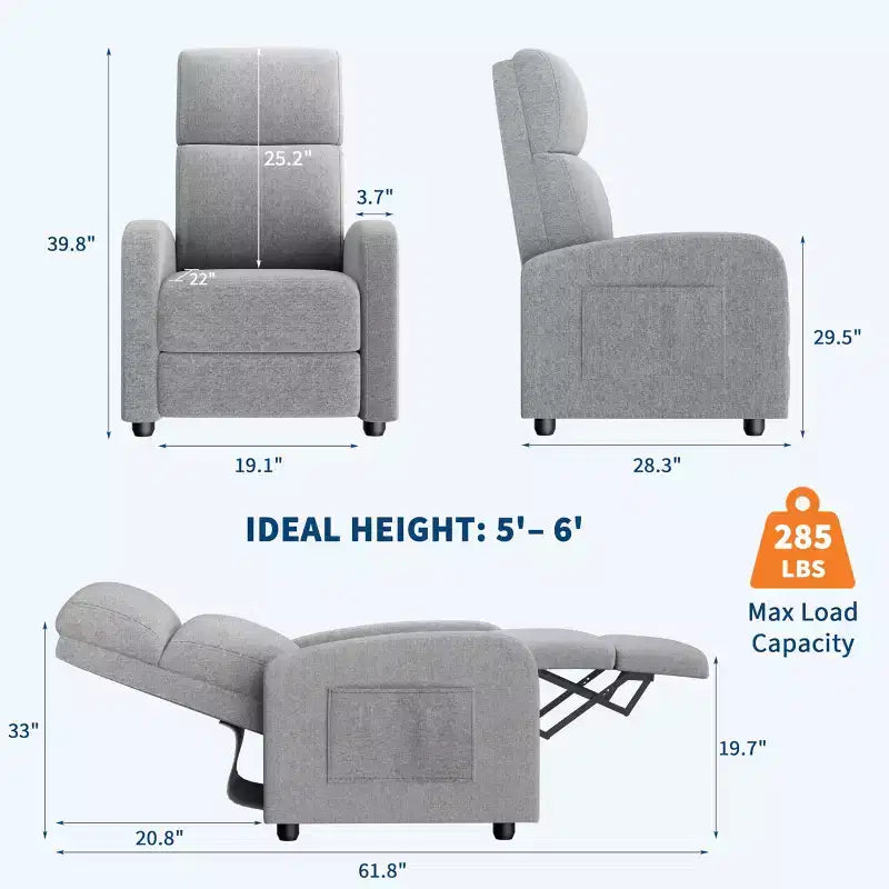 Linen Fabric Manual Recliner Chair, with High Backrest, Thick Cushion, Adjustable Push Back, Lazy Lounge Chair for Living Room, Home Theater, Bedroom