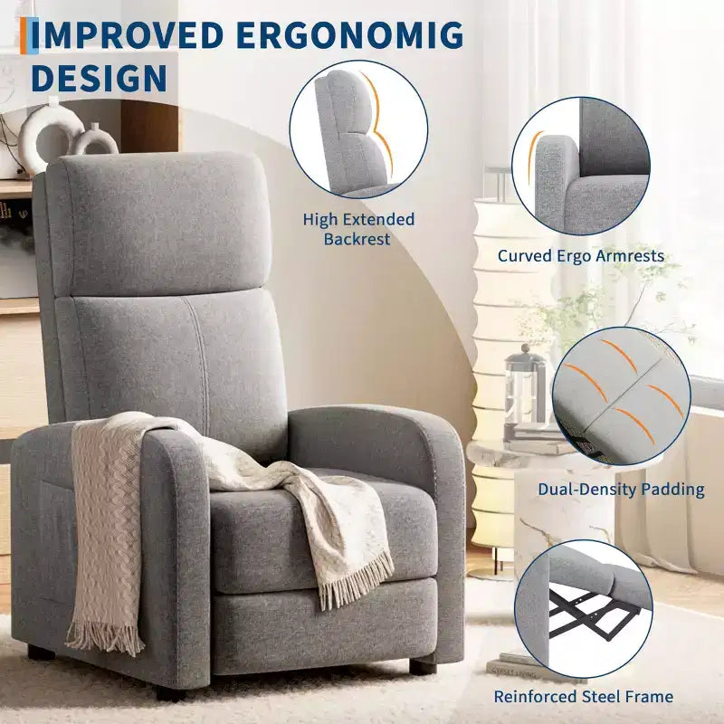 Linen Fabric Manual Recliner Chair, with High Backrest, Thick Cushion, Adjustable Push Back, Lazy Lounge Chair for Living Room, Home Theater, Bedroom
