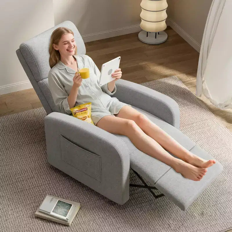 Linen Fabric Manual Recliner Chair, with High Backrest, Thick Cushion, Adjustable Push Back, Lazy Lounge Chair for Living Room, Home Theater, Bedroom
