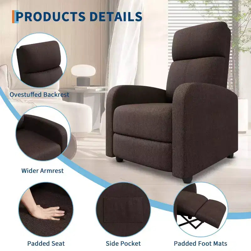 Linen Fabric Manual Recliner Chair, with High Backrest, Thick Cushion, Adjustable Push Back, Lazy Lounge Chair for Living Room, Home Theater, Bedroom