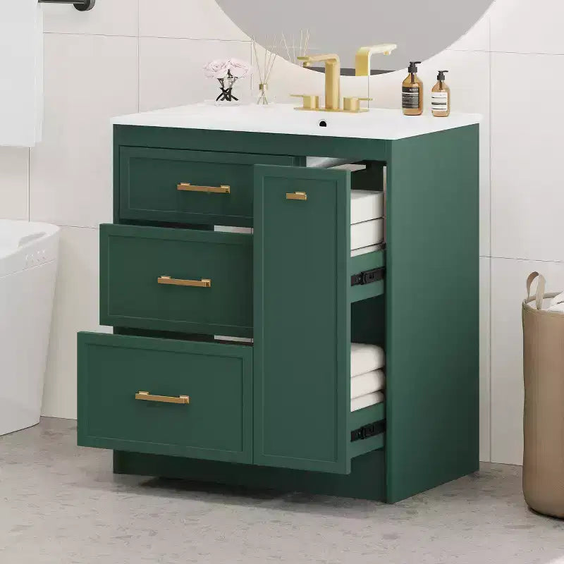 30 Small Bathroom Vanity Sink Combo with Storage , Bathroom Floor Cabinet with Drawers for Small Space, Green