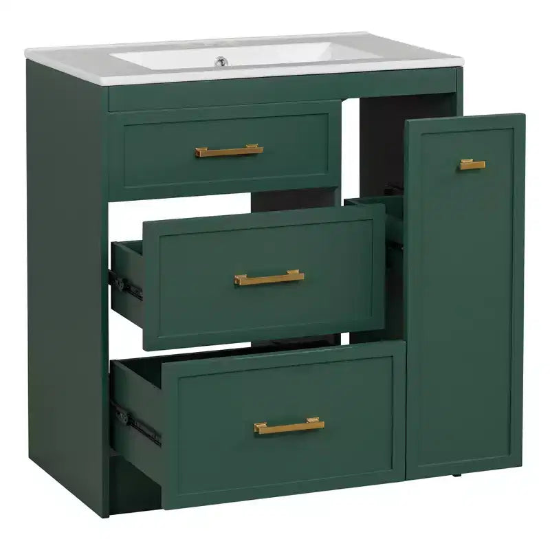 30 Small Bathroom Vanity Sink Combo with Storage , Bathroom Floor Cabinet with Drawers for Small Space, Green
