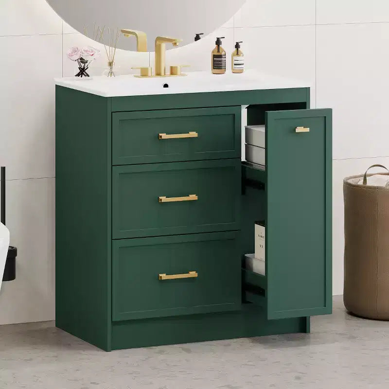 30 Small Bathroom Vanity Sink Combo with Storage , Bathroom Floor Cabinet with Drawers for Small Space, Green