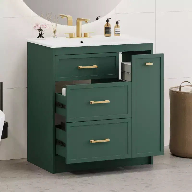 30 Small Bathroom Vanity Sink Combo with Storage , Bathroom Floor Cabinet with Drawers for Small Space, Green
