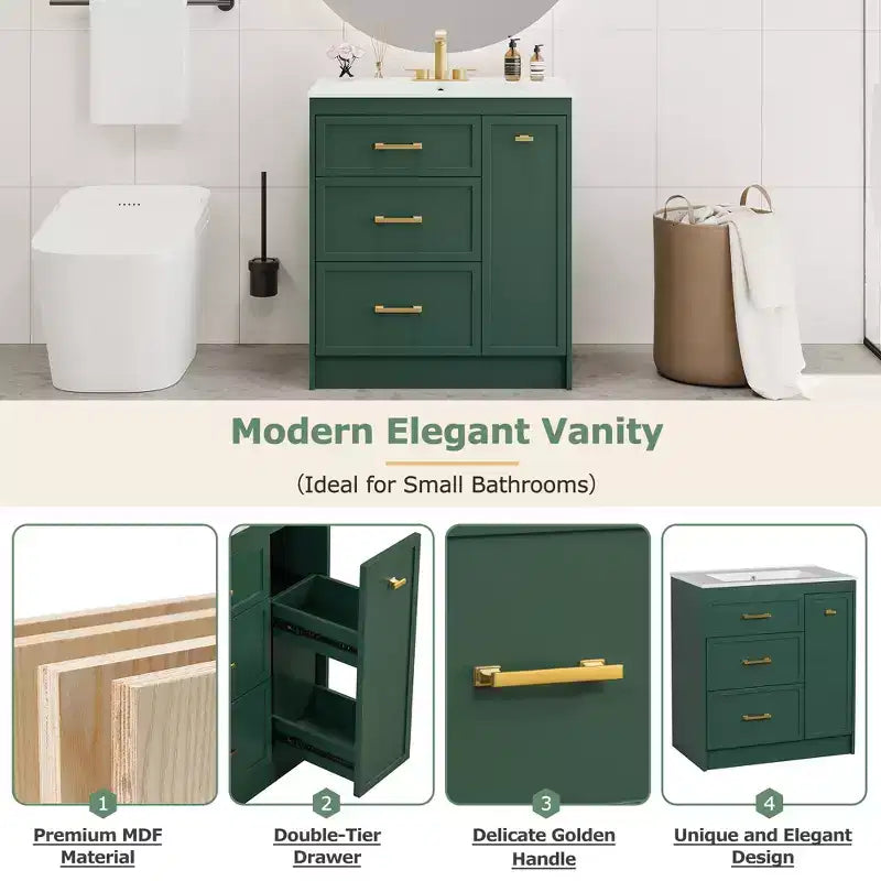 30 Small Bathroom Vanity Sink Combo with Storage , Bathroom Floor Cabinet with Drawers for Small Space, Green