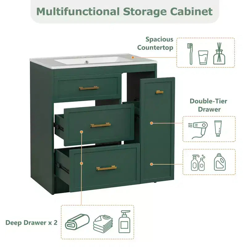 30 Small Bathroom Vanity Sink Combo with Storage , Bathroom Floor Cabinet with Drawers for Small Space, Green