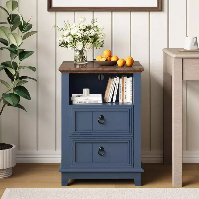 18 Wood Nightstand with USB Charging Station, Modern Fluted Night Stand, Two Drawer Filing Cabinet with Shelf, Bedside End Table