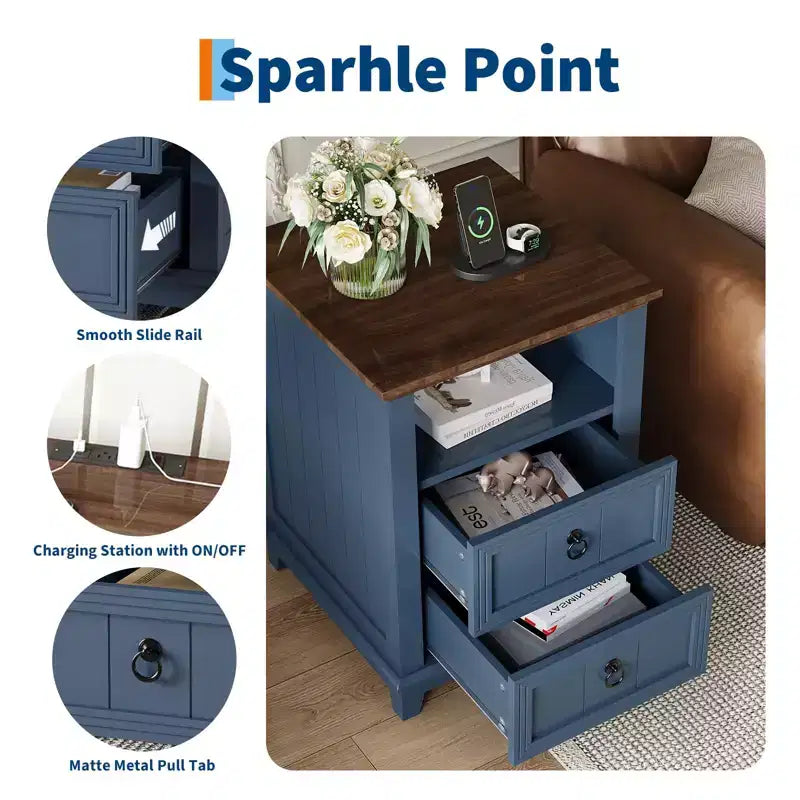 18 Wood Nightstand with USB Charging Station, Modern Fluted Night Stand, Two Drawer Filing Cabinet with Shelf, Bedside End Table
