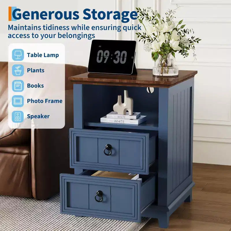 18 Wood Nightstand with USB Charging Station, Modern Fluted Night Stand, Two Drawer Filing Cabinet with Shelf, Bedside End Table