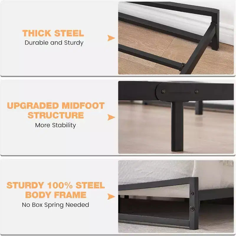 Metal platform, queen-size bed frame, springless, easy assembly with sturdy steel plate support