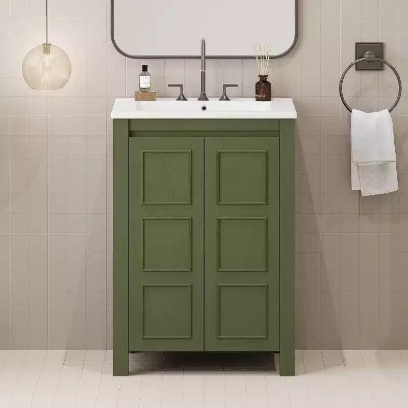 24 Small Bathroom Vanity with Soft-close Doors, Bathroom Cabinets Freestanding with Adjustable Shelf, Olive Green