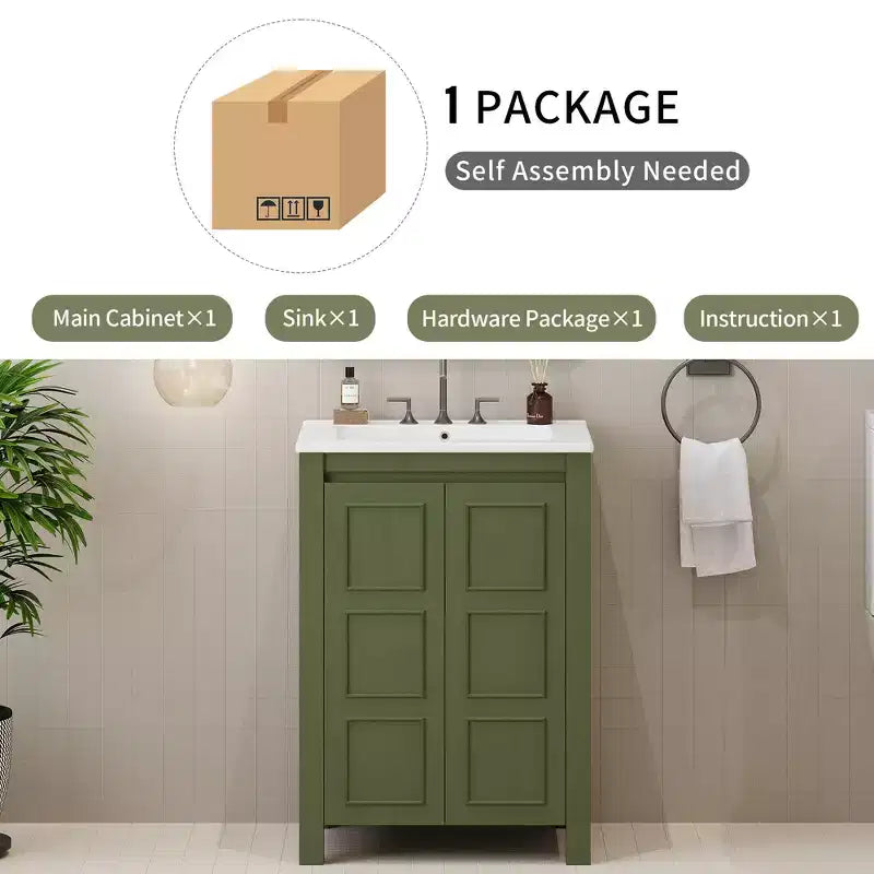 24 Small Bathroom Vanity with Soft-close Doors, Bathroom Cabinets Freestanding with Adjustable Shelf, Olive Green