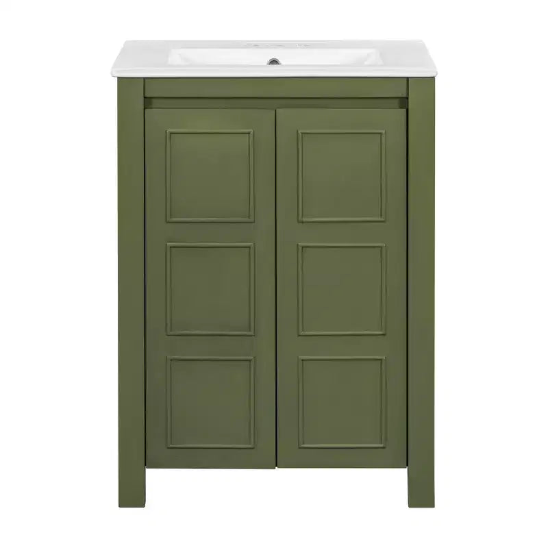 24 Small Bathroom Vanity with Soft-close Doors, Bathroom Cabinets Freestanding with Adjustable Shelf, Olive Green