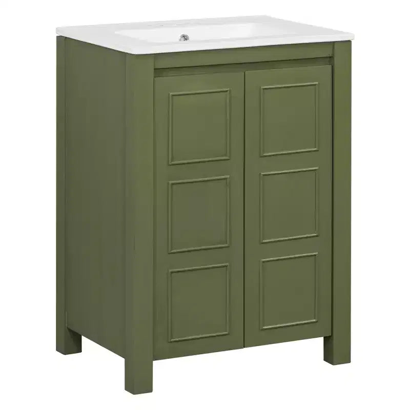 24 Small Bathroom Vanity with Soft-close Doors, Bathroom Cabinets Freestanding with Adjustable Shelf, Olive Green