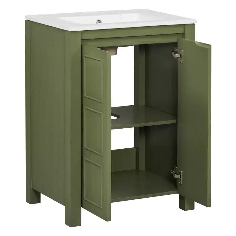 24 Small Bathroom Vanity with Soft-close Doors, Bathroom Cabinets Freestanding with Adjustable Shelf, Olive Green