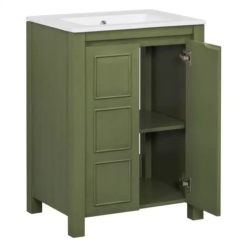 24 Small Bathroom Vanity with Soft-close Doors, Bathroom Cabinets Freestanding with Adjustable Shelf, Olive Green
