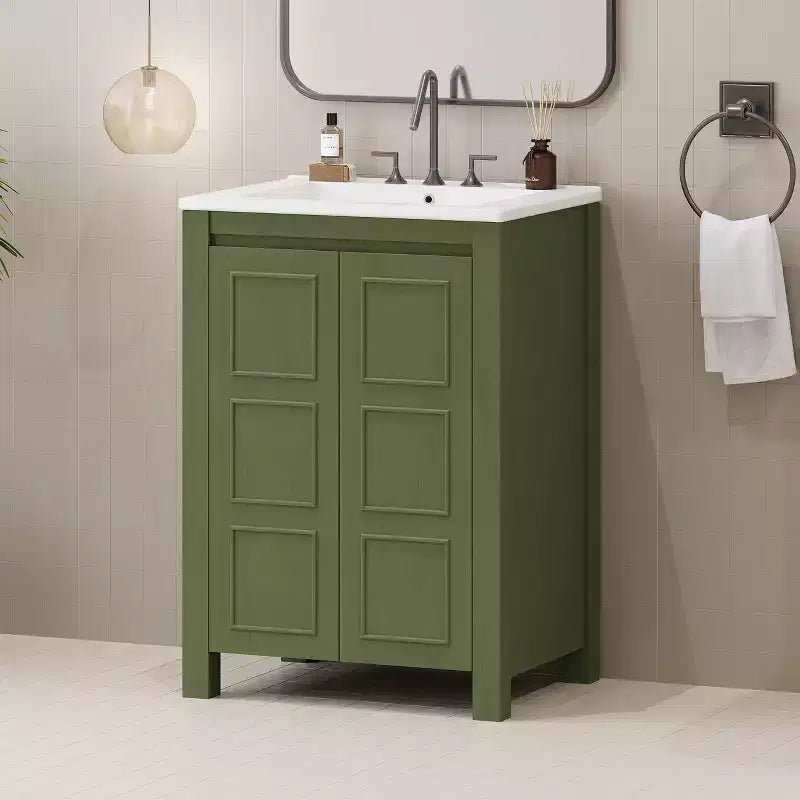 24 Small Bathroom Vanity with Soft-close Doors, Bathroom Cabinets Freestanding with Adjustable Shelf, Olive Green