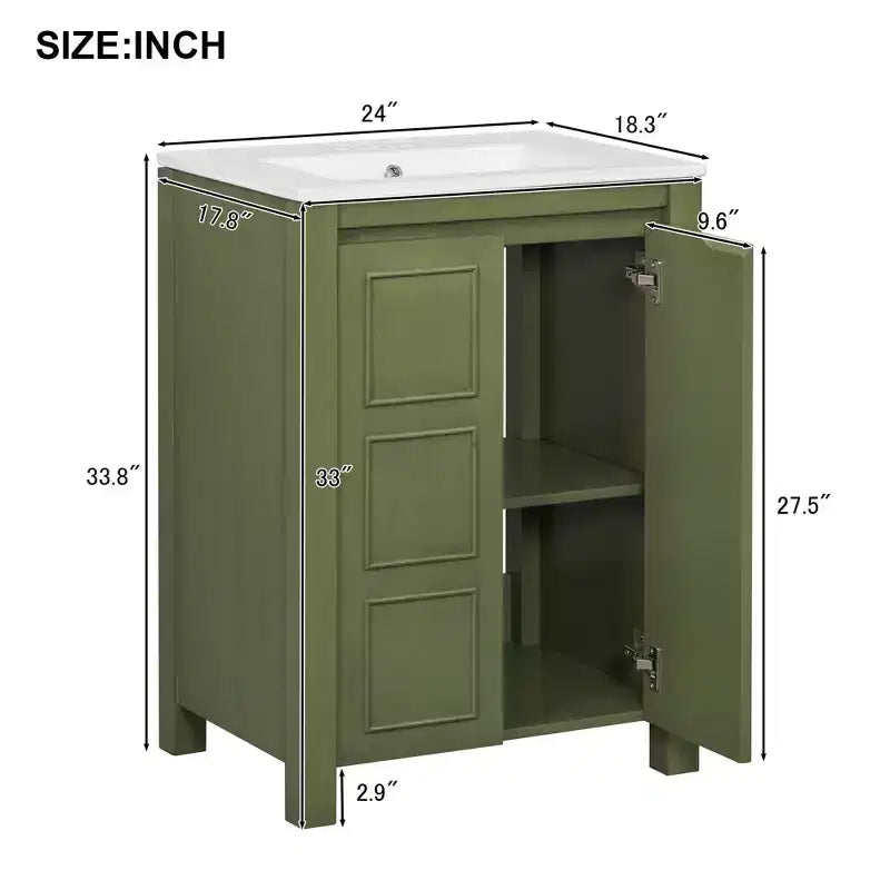 24 Small Bathroom Vanity with Soft-close Doors, Bathroom Cabinets Freestanding with Adjustable Shelf, Olive Green