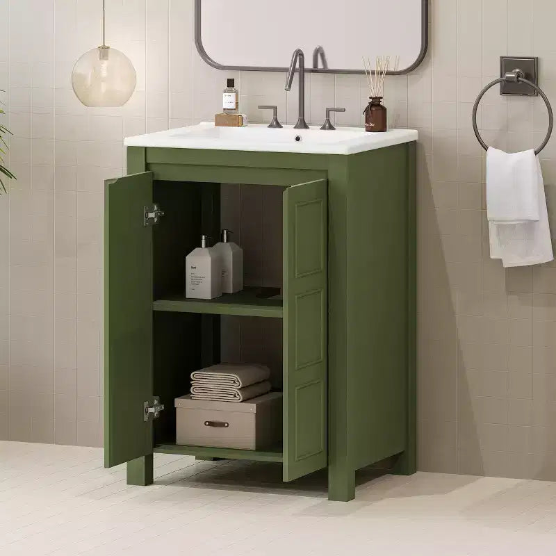 24 Small Bathroom Vanity with Soft-close Doors, Bathroom Cabinets Freestanding with Adjustable Shelf, Olive Green