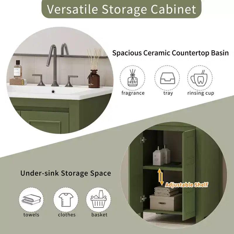 24 Small Bathroom Vanity with Soft-close Doors, Bathroom Cabinets Freestanding with Adjustable Shelf, Olive Green