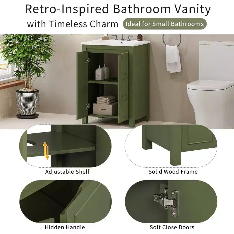 24 Small Bathroom Vanity with Soft-close Doors, Bathroom Cabinets Freestanding with Adjustable Shelf, Olive Green