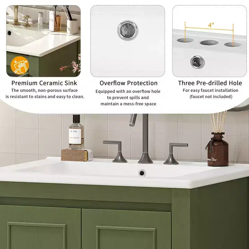 24 Small Bathroom Vanity with Soft-close Doors, Bathroom Cabinets Freestanding with Adjustable Shelf, Olive Green