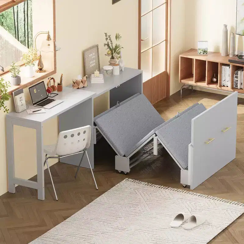 Whisen Twin Size Murphy Cabinet Bed Frame, Murphy Chest Dresser Bed with Adjustable Position Desk, Foldable Cushion