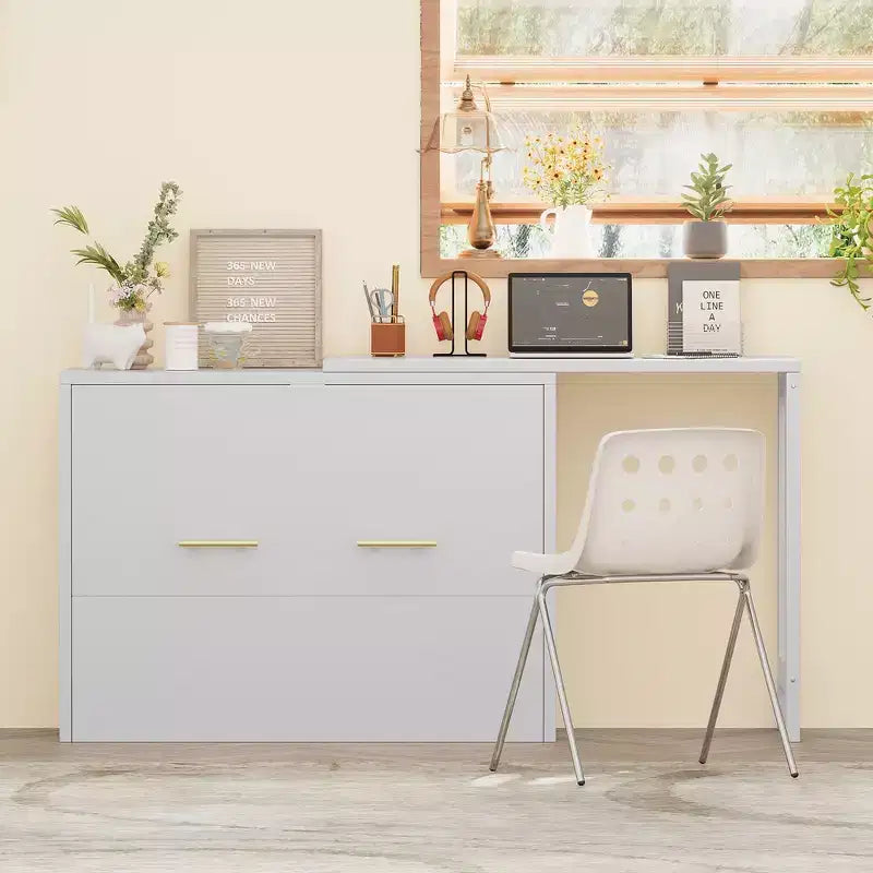 Whisen Twin Size Murphy Cabinet Bed Frame, Murphy Chest Dresser Bed with Adjustable Position Desk, Foldable Cushion