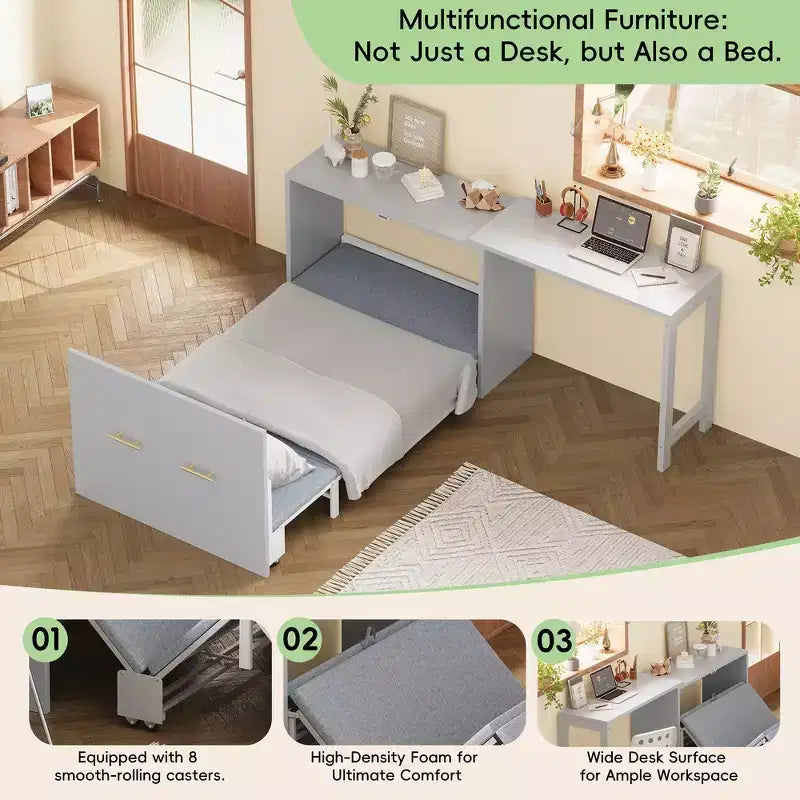 Whisen Twin Size Murphy Cabinet Bed Frame, Murphy Chest Dresser Bed with Adjustable Position Desk, Foldable Cushion