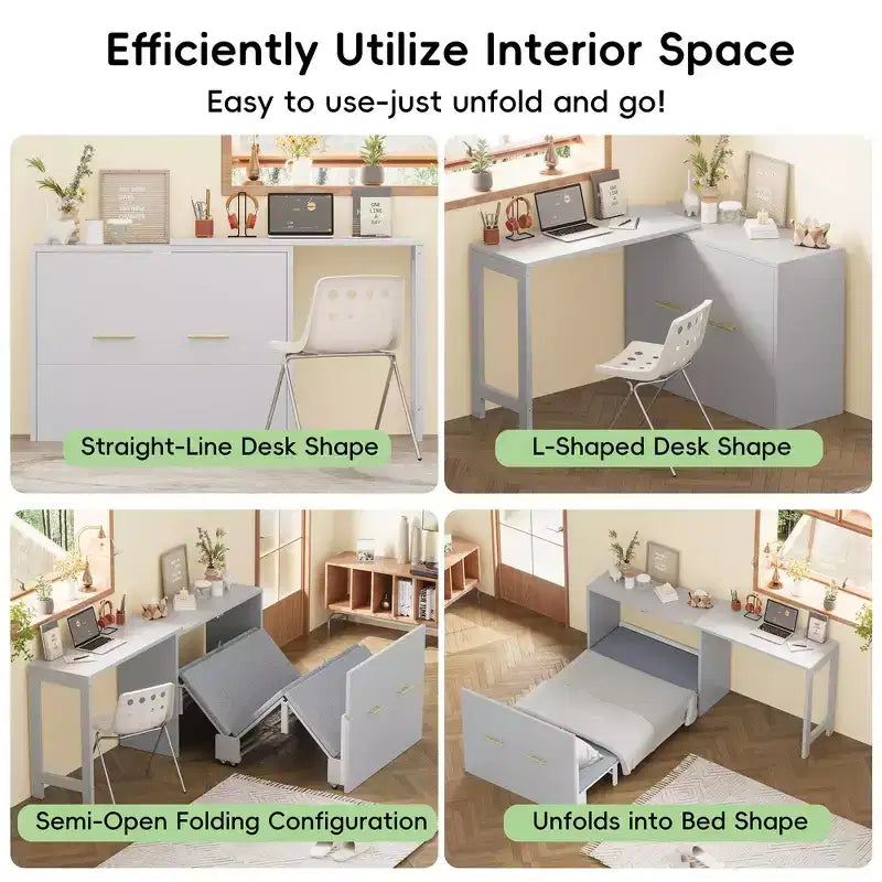 Whisen Twin Size Murphy Cabinet Bed Frame, Murphy Chest Dresser Bed with Adjustable Position Desk, Foldable Cushion