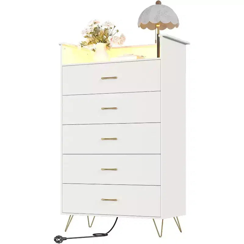 Modern 5-Drawer Tall Dresser for Bedroom, Wood Chest of Drawers with Silent Closing Slides, Water-Resistant White Storage Organizer for Hallway