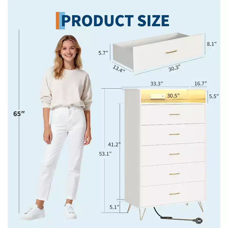 Modern 5-Drawer Tall Dresser for Bedroom, Wood Chest of Drawers with Silent Closing Slides, Water-Resistant White Storage Organizer for Hallway
