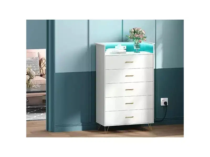 Modern 5-Drawer Tall Dresser for Bedroom, Wood Chest of Drawers with Silent Closing Slides, Water-Resistant White Storage Organizer for Hallway