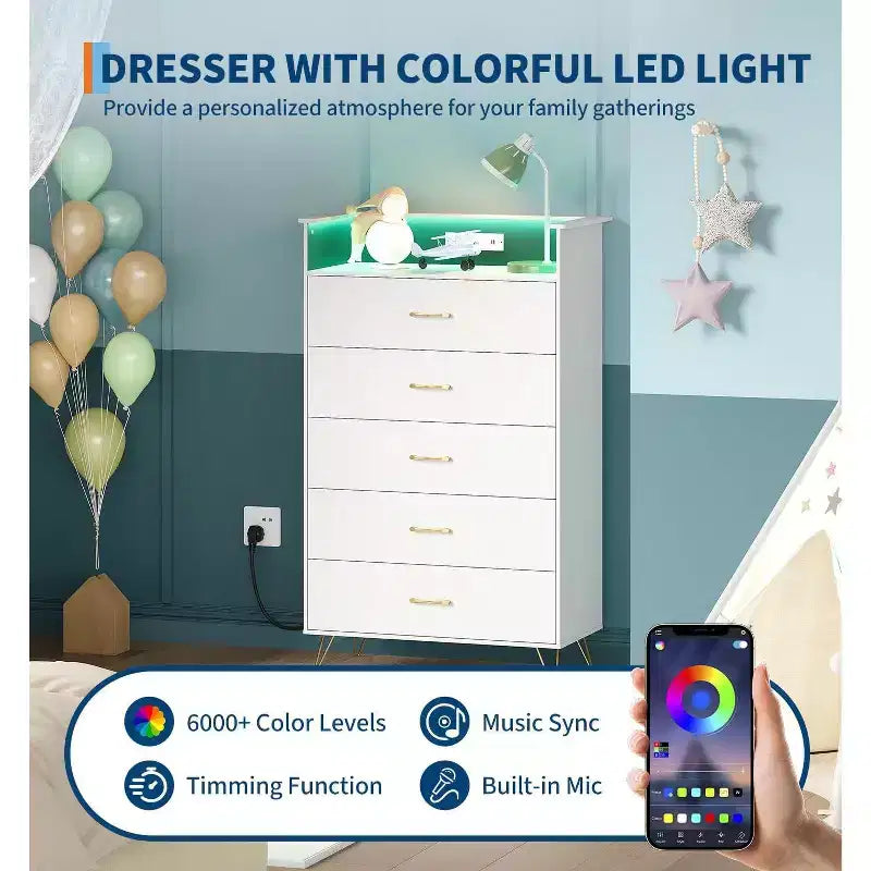 Modern 5-Drawer Tall Dresser for Bedroom, Wood Chest of Drawers with Silent Closing Slides, Water-Resistant White Storage Organizer for Hallway