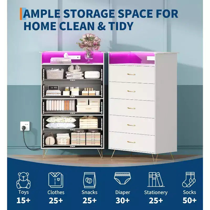 Modern 5-Drawer Tall Dresser for Bedroom, Wood Chest of Drawers with Silent Closing Slides, Water-Resistant White Storage Organizer for Hallway