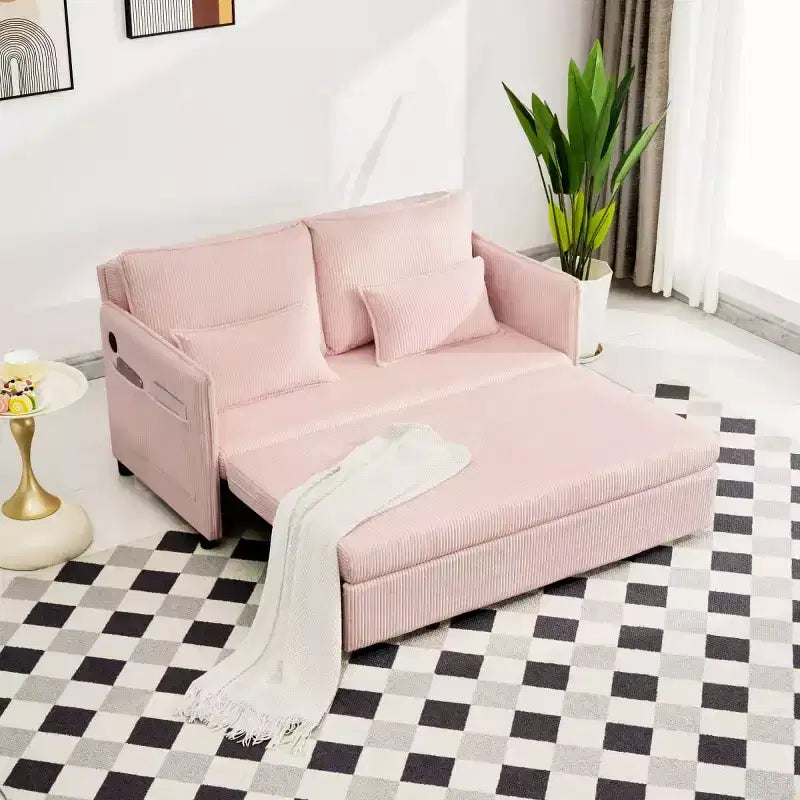 3-in-1 Corduroy Convertible Sofa Bed with USB and Side Pocket Storage, Twin Pull Out Sleeper Couch for Guest Room or Apartment - Panipeachy